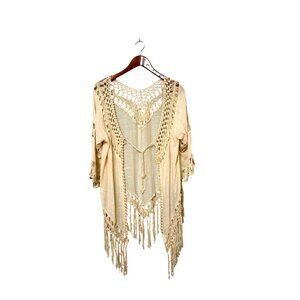 NWT Cupshe Beige Crochet Fringe Cover-Up Kimono OS Boho Swimsuit Bathingsuit
